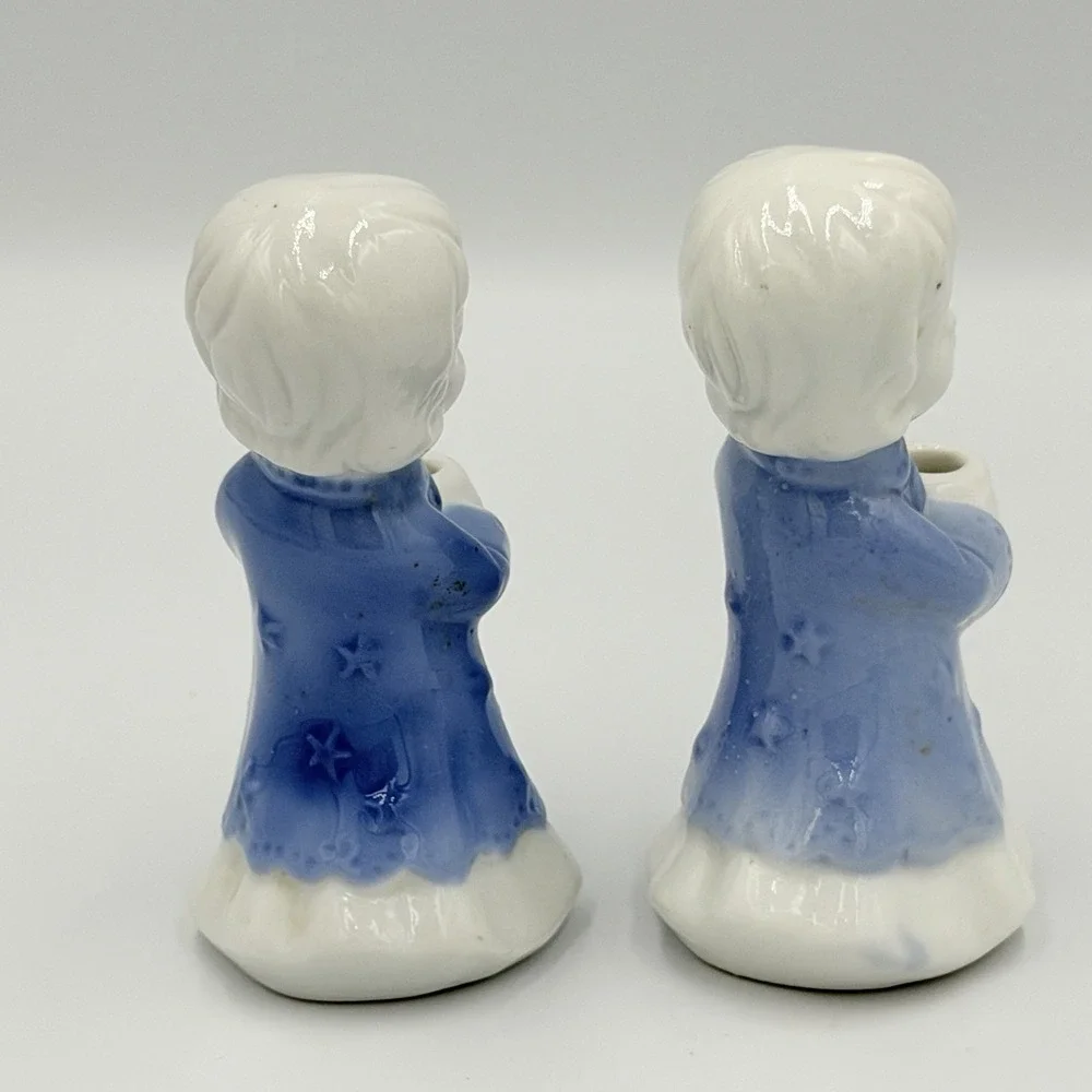 VTG Christmas Caroler Candle Holders Blue White Ceramic Figurines Set of 4